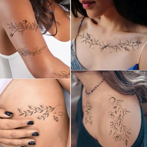 Tazimi 24-Sheet Temporary Tattoos for Women & Girls – Realistic Branch Flower Leaf Wild Plants Sketch, Long-Lasting Waterproof Body Art for Arm, Collarbone, Leg, Backbone - görsel 16