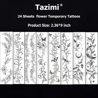 Tazimi 24-Sheet Temporary Tattoos for Women & Girls – Realistic Branch Flower Leaf Wild Plants Sketch, Long-Lasting Waterproof Body Art for Arm, Collarbone, Leg, Backbone