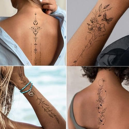 Tazimi 24-Sheet Temporary Tattoos for Women & Girls – Realistic Branch Flower Leaf Wild Plants Sketch, Long-Lasting Waterproof Body Art for Arm, Collarbone, Leg, Backbone
