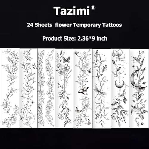 Tazimi 24-Sheet Temporary Tattoos for Women & Girls – Realistic Branch Flower Leaf Wild Plants Sketch, Long-Lasting Waterproof Body Art for Arm, Collarbone, Leg, Backbone - görsel 10