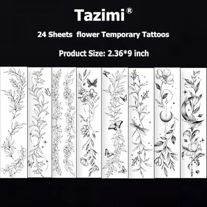 Tazimi 24-Sheet Temporary Tattoos for Women & Girls – Realistic Branch Flower Leaf Wild Plants Sketch, Long-Lasting Waterproof Body Art for Arm, Collarbone, Leg, Backbone
