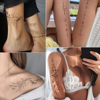 Tazimi 24-Sheet Temporary Tattoos for Women & Girls – Realistic Branch Flower Leaf Wild Plants Sketch, Long-Lasting Waterproof Body Art for Arm, Collarbone, Leg, Backbone