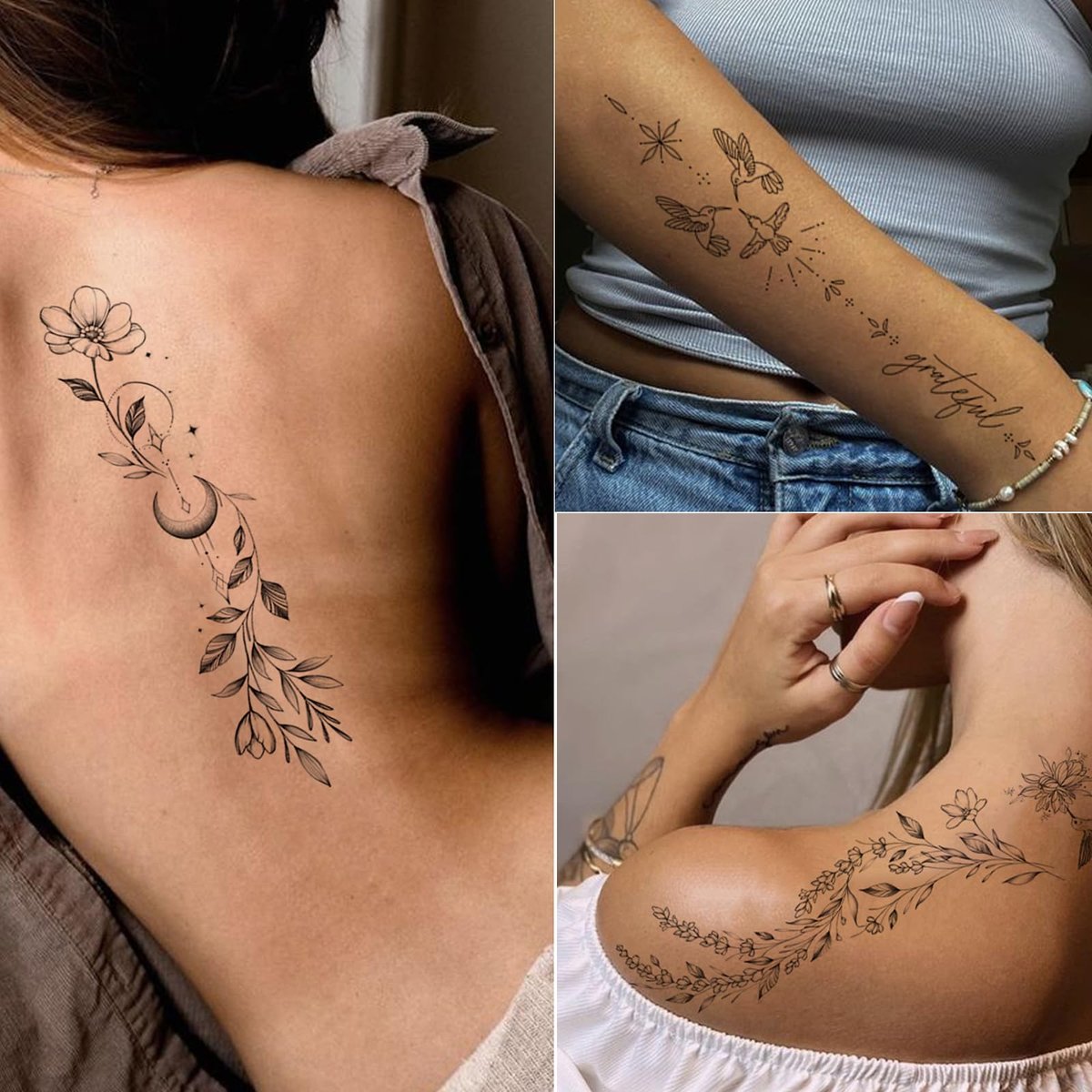 Tazimi 24-Sheet Temporary Tattoos for Women & Girls – Realistic Branch Flower Leaf Wild Plants Sketch, Long-Lasting Waterproof Body Art for Arm, Collarbone, Leg, Backbone - görsel 3