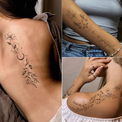 Tazimi 24-Sheet Temporary Tattoos for Women & Girls – Realistic Branch Flower Leaf Wild Plants Sketch, Long-Lasting Waterproof Body Art for Arm, Collarbone, Leg, Backbone