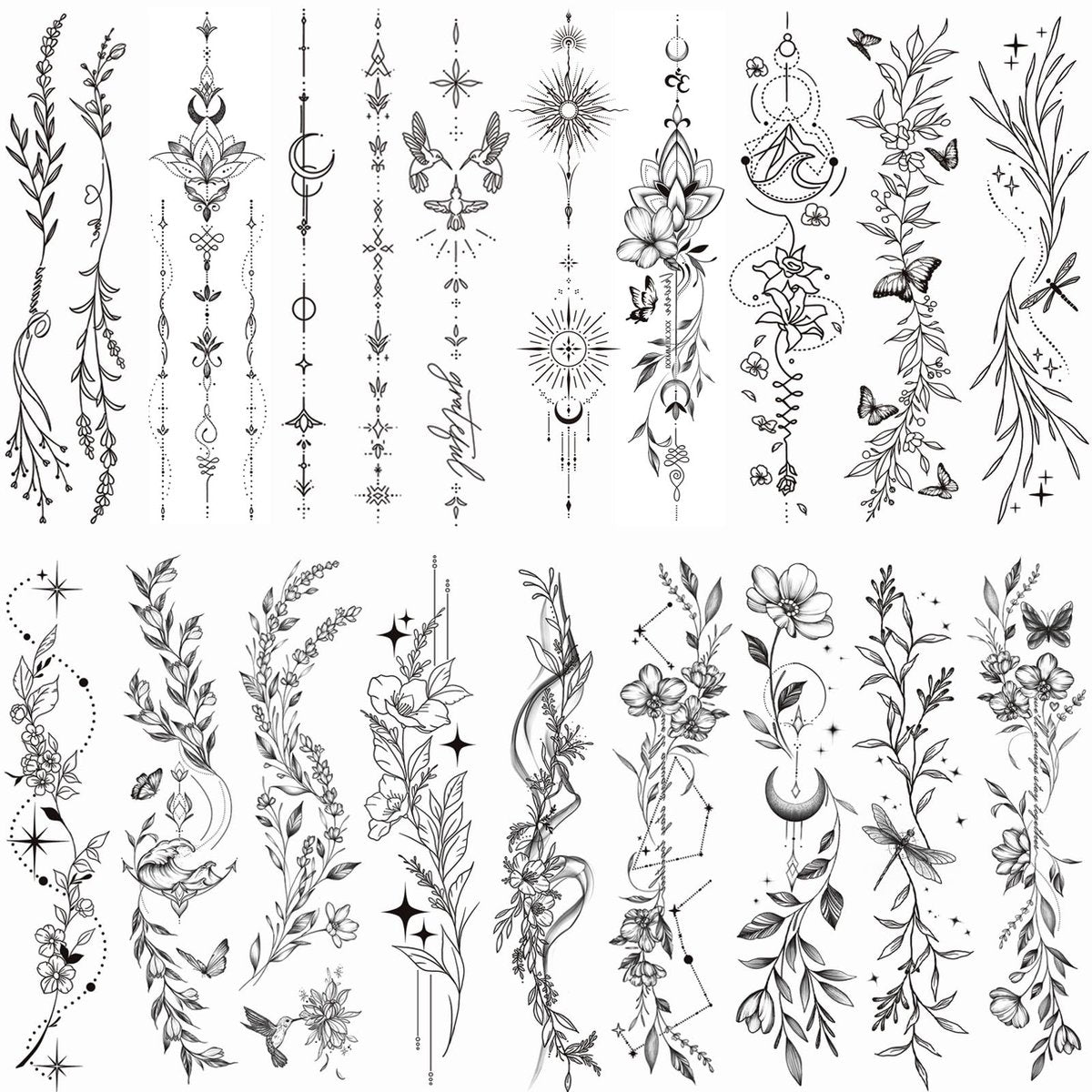 Tazimi 24-Sheet Temporary Tattoos for Women & Girls – Realistic Branch Flower Leaf Wild Plants Sketch, Long-Lasting Waterproof Body Art for Arm, Collarbone, Leg, Backbone - görsel 1