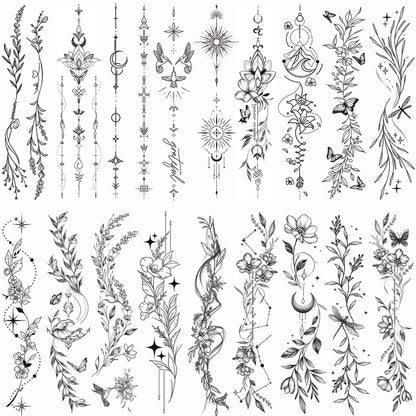 Tazimi 24-Sheet Temporary Tattoos for Women & Girls – Realistic Branch Flower Leaf Wild Plants Sketch, Long-Lasting Waterproof Body Art for Arm, Collarbone, Leg, Backbone