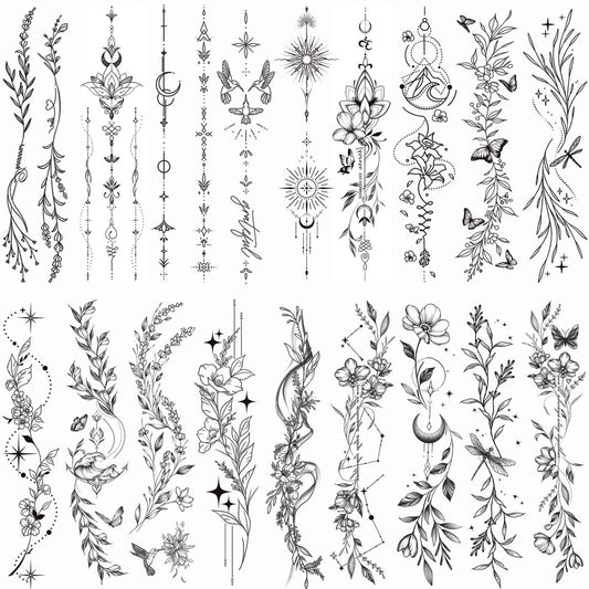 Tazimi 24-Sheet Temporary Tattoos for Women & Girls – Realistic Branch Flower Leaf Wild Plants Sketch, Long-Lasting Waterproof Body Art for Arm, Collarbone, Leg, Backbone