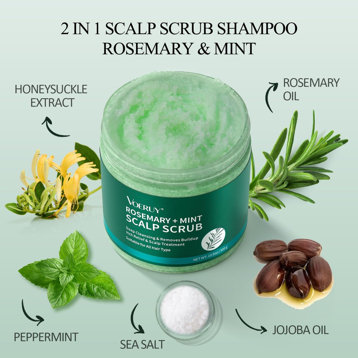 VOERUY Rosemary Scalp Scrub with Mint Oil – 2-in-1 Exfoliating Shampoo & Scalp Treatment, Clarifying Build-Up Remover with Silicone Massager, 10.6 oz Avelisse