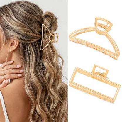 CAKURE Gold Claw Clip Medium Metal Hair Clips Geometric Hair Claw Hair Accessories for Women (Pack of 2)
