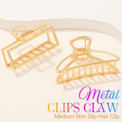 CAKURE Gold Claw Clip Medium Metal Hair Clips Geometric Hair Claw Hair Accessories for Women (Pack of 2)