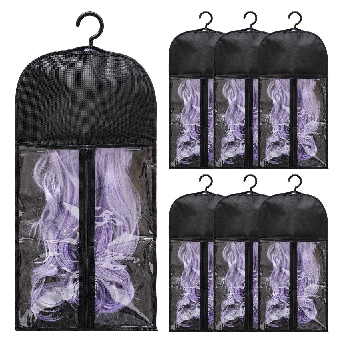 6-Pack Hair Extension Holder - Dust-Proof Wig Storage Bags with Hanger for Multiple Wigs, Medium, Black Avelisse