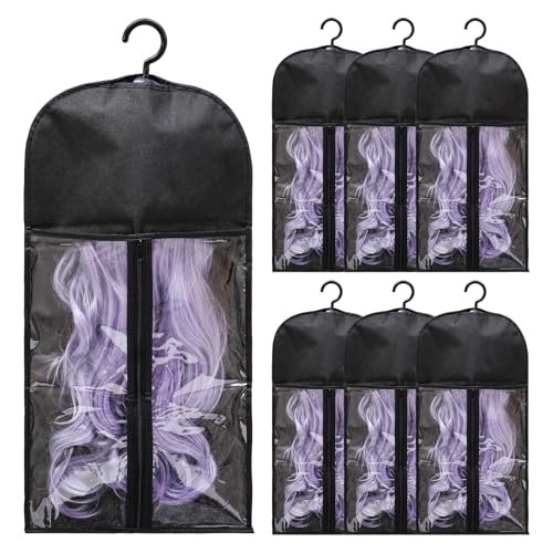 6-Pack Hair Extension Holder - Dust-Proof Wig Storage Bags with Hanger for Multiple Wigs, Medium, Black Avelisse