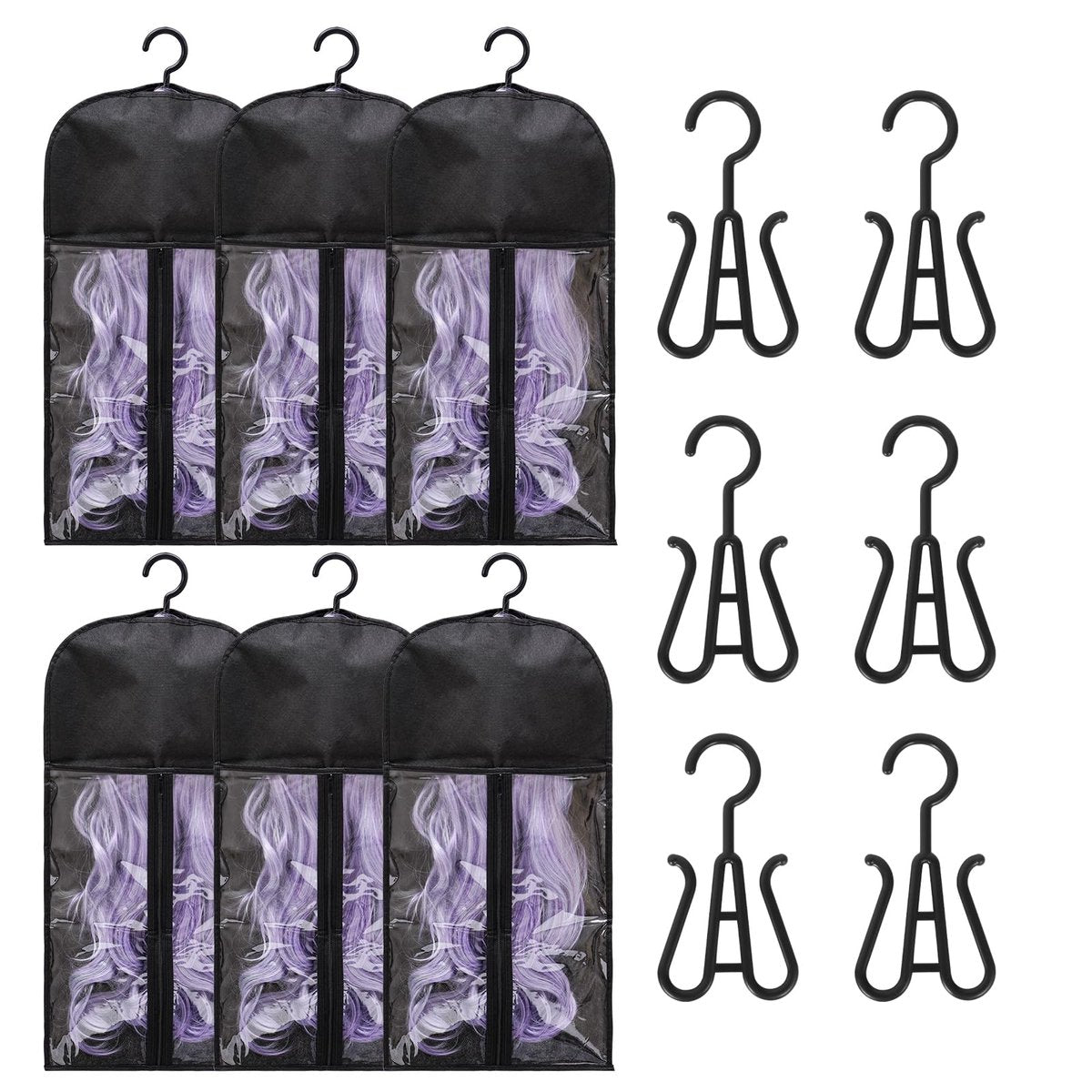 6-Pack Hair Extension Holder - Dust-Proof Wig Storage Bags with Hanger for Multiple Wigs, Medium, Black Avelisse