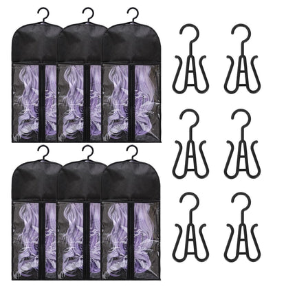 6-Pack Hair Extension Holder - Dust-Proof Wig Storage Bags with Hanger for Multiple Wigs, Medium, Black Avelisse