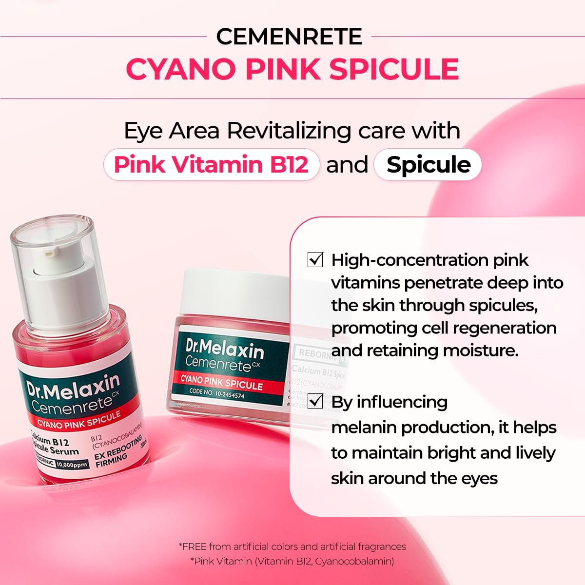 Dr.Melaxin Cyano Pink Spicule Cream with Calcium & Vitamin B12 – Dark Circles & Fine Lines Treatment, Hydrating & Firming Niacinamide, 1.69 fl.oz Avelisse