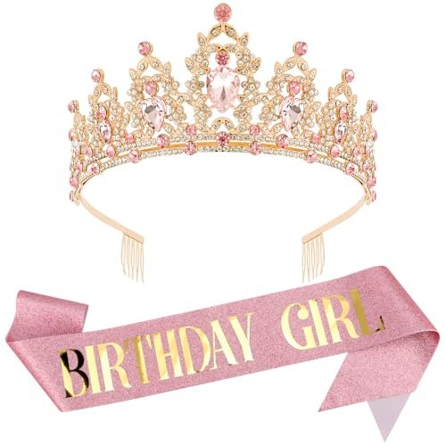 AOPRIE Birthday Headbands Sash for Women - Rhinestone Happy Birthday Accessories, 2 Pack (Gold, Pink, White, Yellow) Avelisse