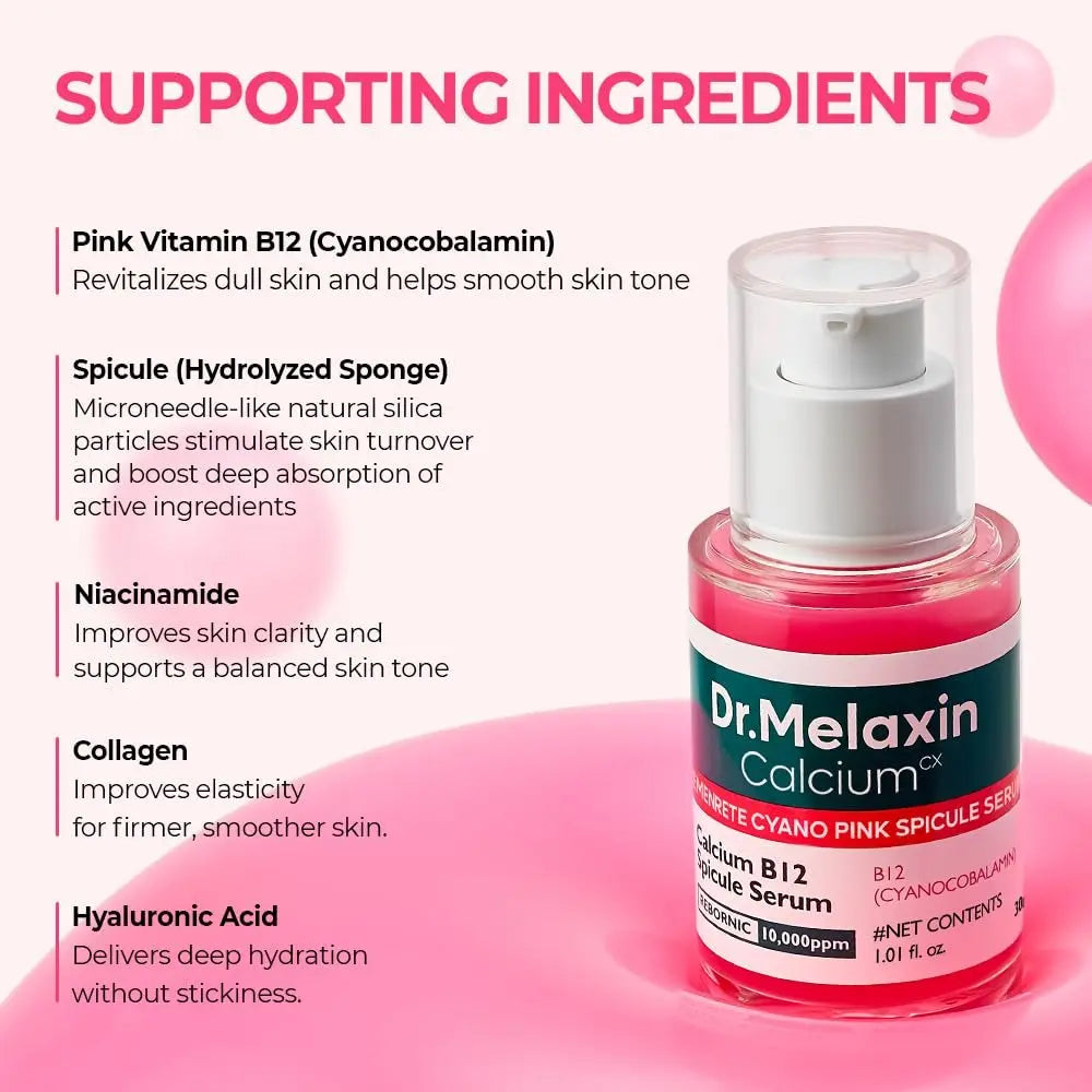 Dr.Melaxin Cyano Pink Spicule Serum with Vitamin B12, Liquid Microneedle Facial Treatment for Enlarged Pores, Niacinamide for Texture Refining & Renewal, 1.01 fl.oz Avelisse
