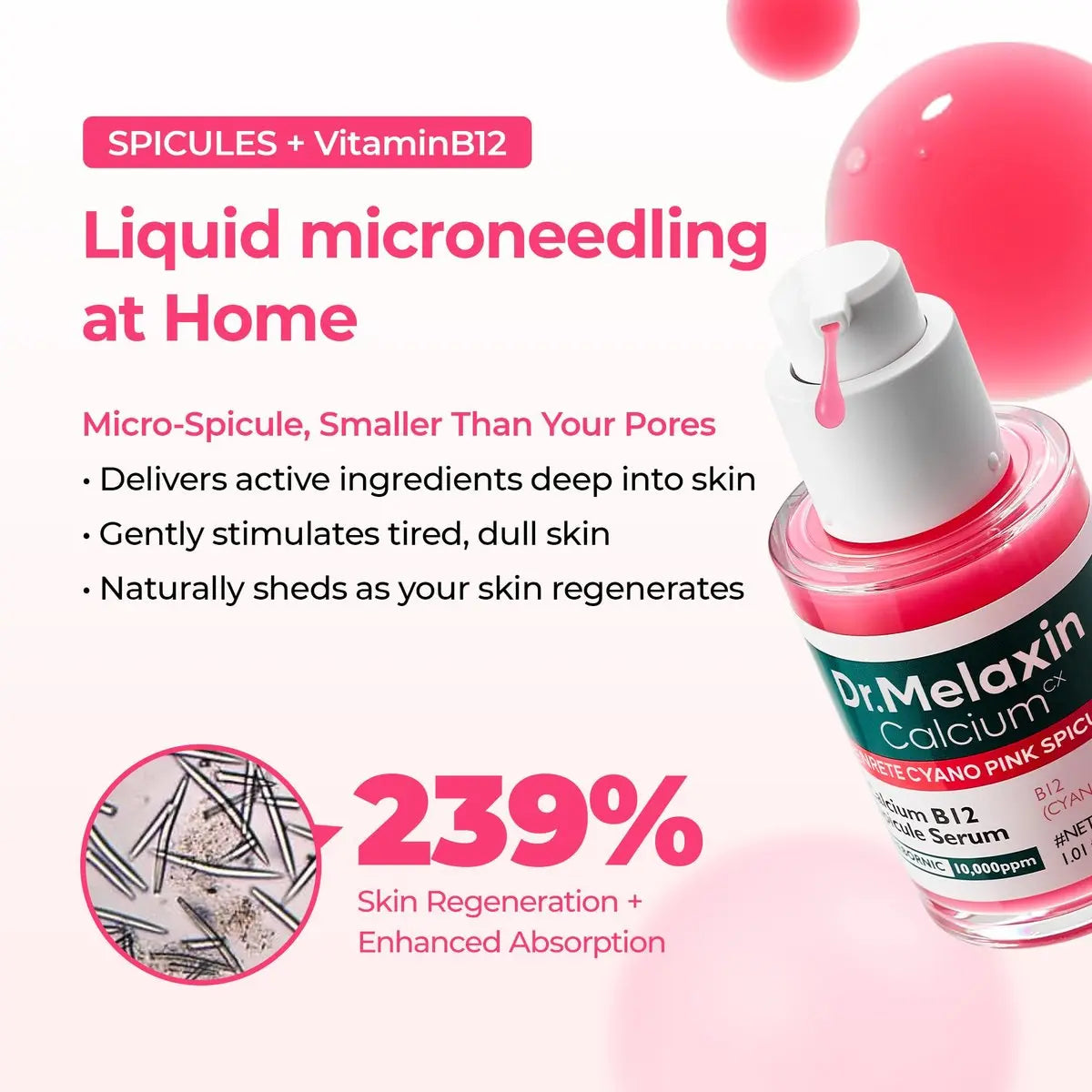 Dr.Melaxin Cyano Pink Spicule Serum with Vitamin B12, Liquid Microneedle Facial Treatment for Enlarged Pores, Niacinamide for Texture Refining & Renewal, 1.01 fl.oz Avelisse