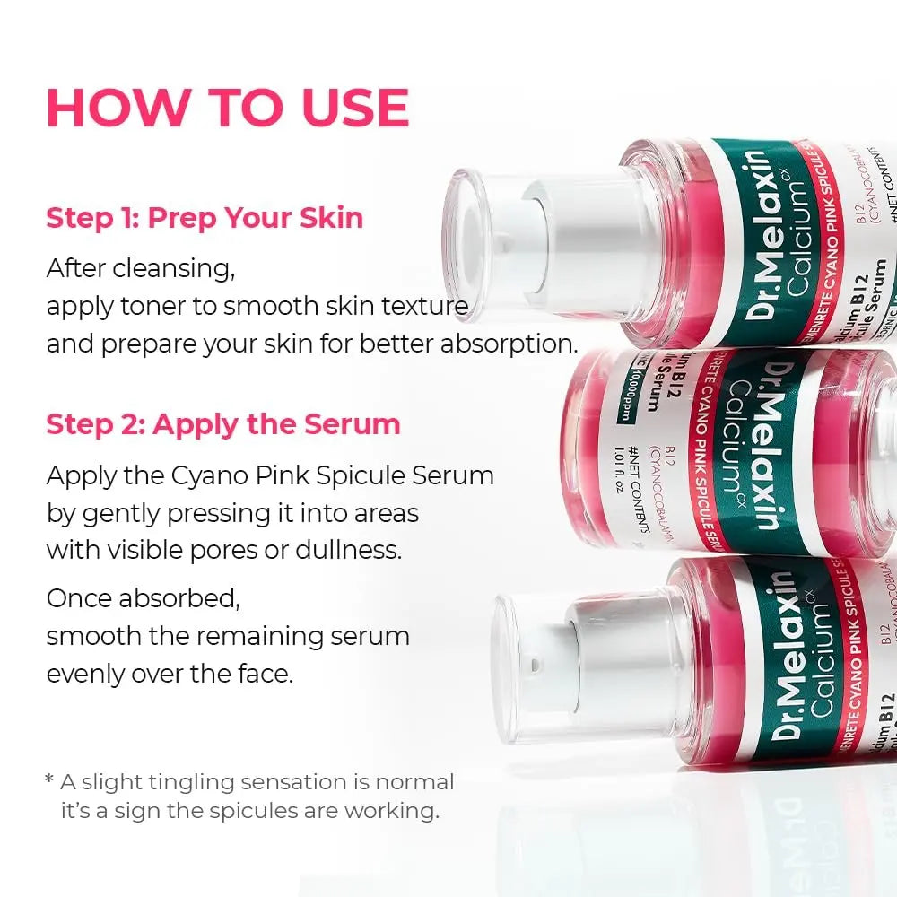 Dr.Melaxin Cyano Pink Spicule Serum with Vitamin B12, Liquid Microneedle Facial Treatment for Enlarged Pores, Niacinamide for Texture Refining & Renewal, 1.01 fl.oz Avelisse