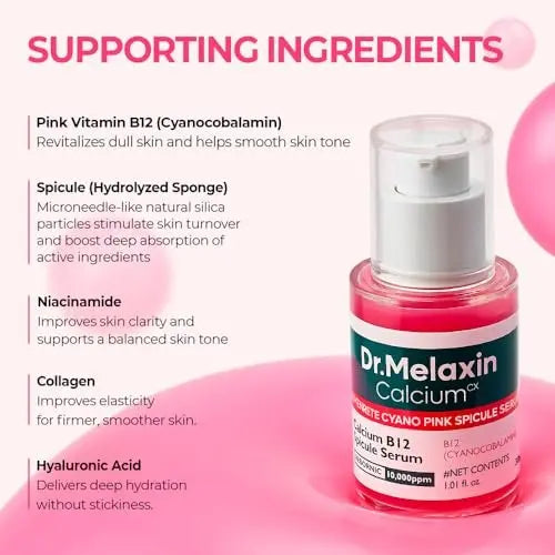 Dr.Melaxin Cyano Pink Spicule Serum with Vitamin B12, Liquid Microneedle Facial Treatment for Enlarged Pores, Niacinamide for Texture Refining & Renewal, 1.01 fl.oz Avelisse