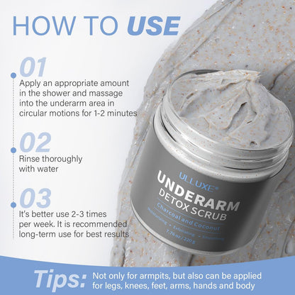 Charcoal Underarm Detox Scrub – Natural Armpit Odor Control & Dark Spots Remover for Women & Men, Brightening Underarms, Bikini Area & Inner Thighs, Exfoliating Bumps