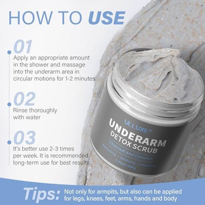 Charcoal Underarm Detox Scrub – Natural Armpit Odor Control & Dark Spots Remover for Women & Men, Brightening Underarms, Bikini Area & Inner Thighs, Exfoliating Bumps