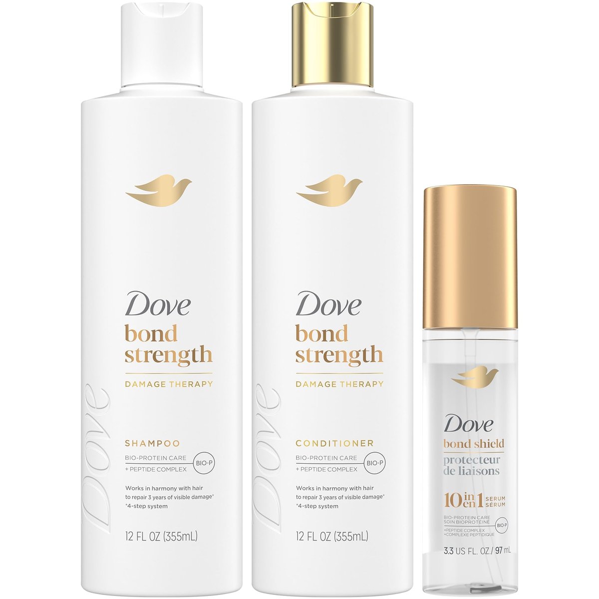Dove Bond Strength Shampoo & Conditioner Set + Hair Serum Bundle – Repair Treatment for Damaged and Frizzy Hair (3 Piece Set) Avelisse