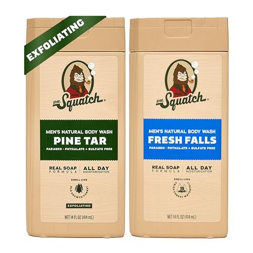 Dr. Squatch Men's Body Wash 2-Pack: Pine Tar & Fresh Falls – Natural Ingredients, No Parabens, Sulfates, or Phthalates, 14 oz Each Avelisse