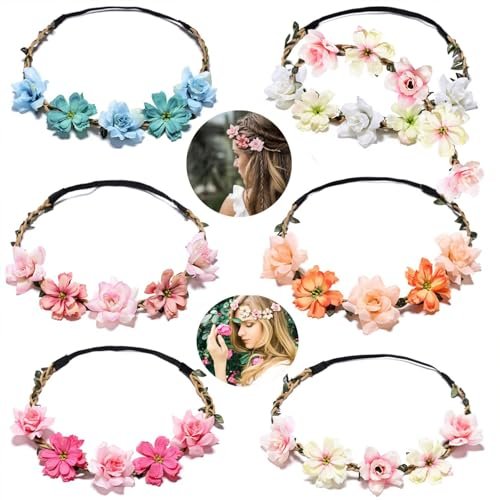 Ylapagne Crown Headbands for Girls & Women - 6 Pack Pink Floral Hair Accessories for Weddings, Bridesmaids, Flower Girls, Tea Party, Bavarian Festival, Boho - görsel 8