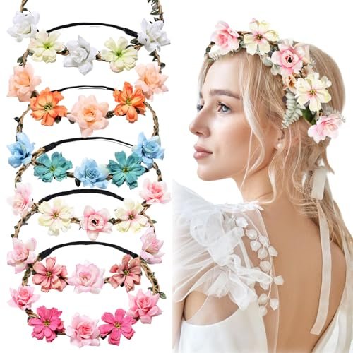 Ylapagne Crown Headbands for Girls & Women - 6 Pack Pink Floral Hair Accessories for Weddings, Bridesmaids, Flower Girls, Tea Party, Bavarian Festival, Boho - görsel 2