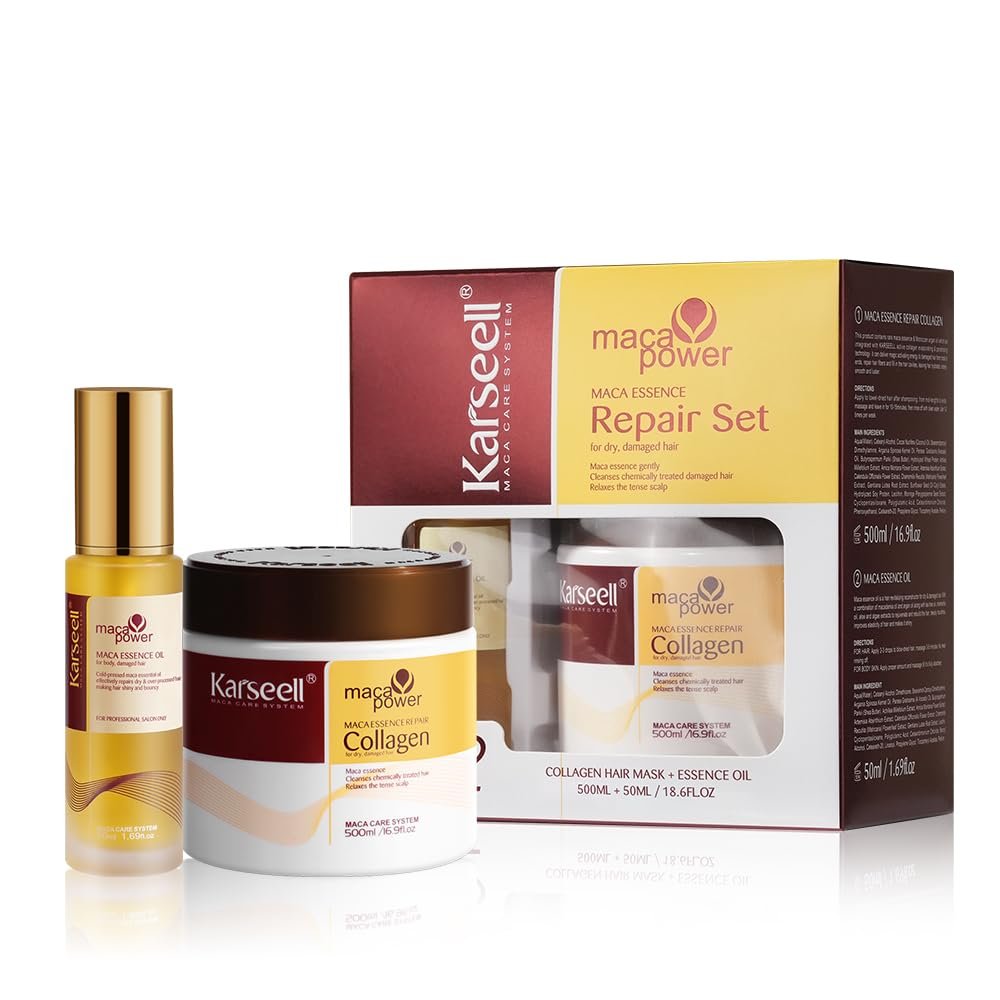 Karseell Collagen Hair Mask & Argan Oil Set - Deep Conditioning Treatment for Dry, Damaged Hair, 16.9 fl oz + 1.69 fl oz Avelisse