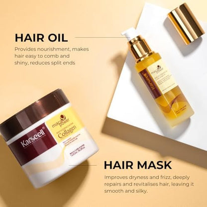 Karseell Collagen Hair Mask & Argan Oil Set - Deep Conditioning Treatment for Dry, Damaged Hair, 16.9 fl oz + 1.69 fl oz Avelisse