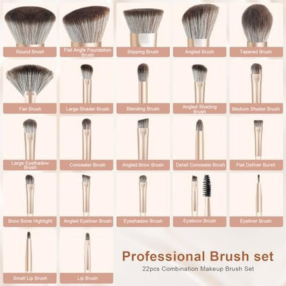 HEYMKGO 22-Piece Professional Makeup Brush Set – Premium Synthetic Foundation, Concealer, Contour & Eyeshadow Brushes with Case, Makeup Remover Pads & Puffs