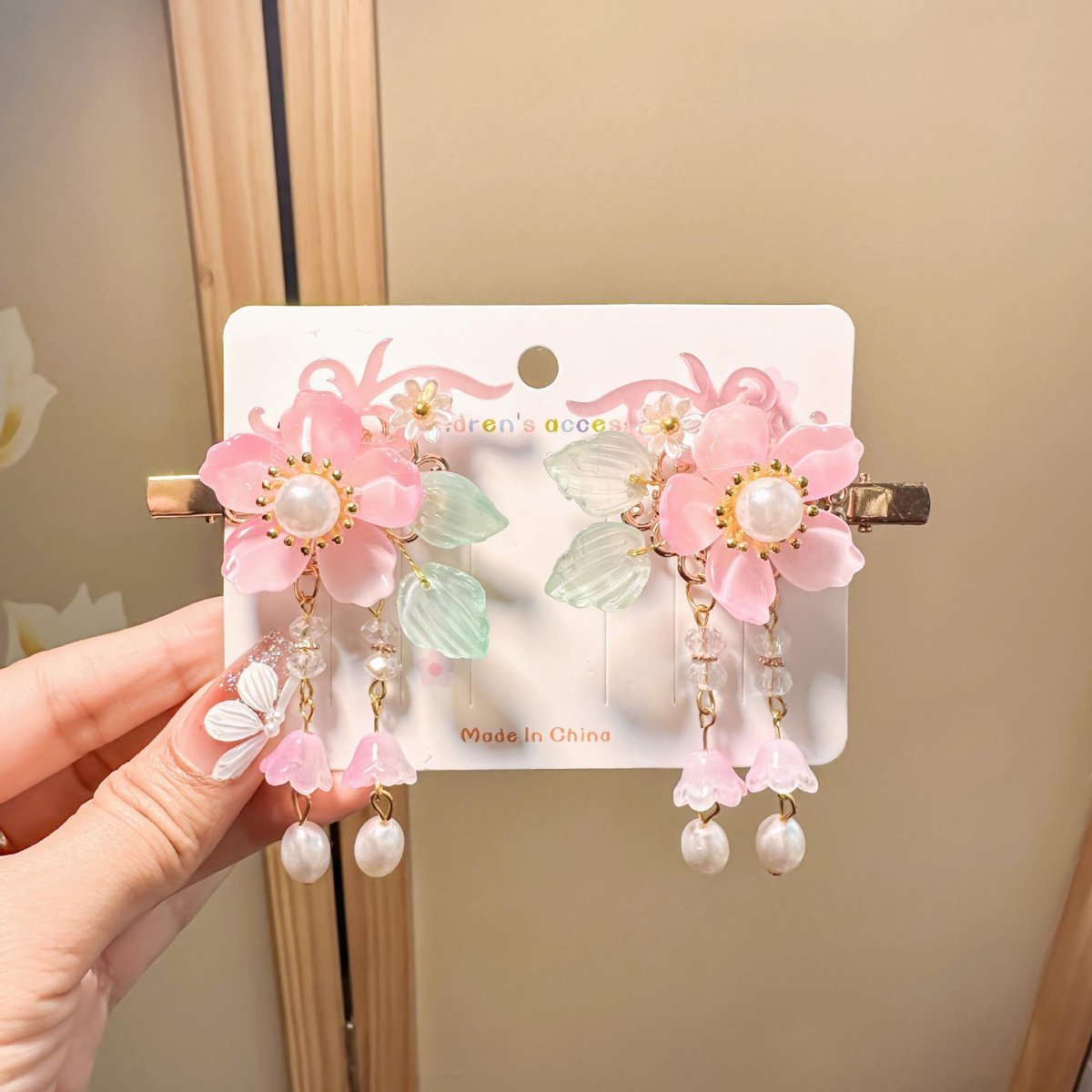 Vintage Pink Flower Hair Clips - 2Pcs Sakura Alligator Clips with Tassel Pearl, Chinese Style Glass Fringe Wedding Hair Accessories for Women Avelisse