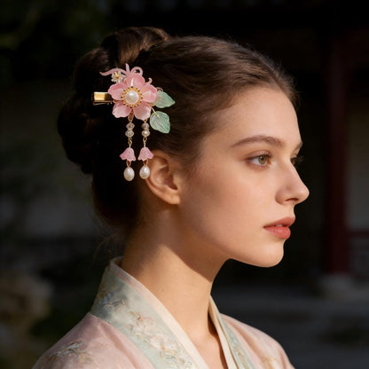 Vintage Pink Flower Hair Clips - 2Pcs Sakura Alligator Clips with Tassel Pearl, Chinese Style Glass Fringe Wedding Hair Accessories for Women Avelisse
