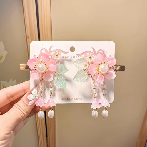 Vintage Pink Flower Hair Clips - 2Pcs Sakura Alligator Clips with Tassel Pearl, Chinese Style Glass Fringe Wedding Hair Accessories for Women Avelisse