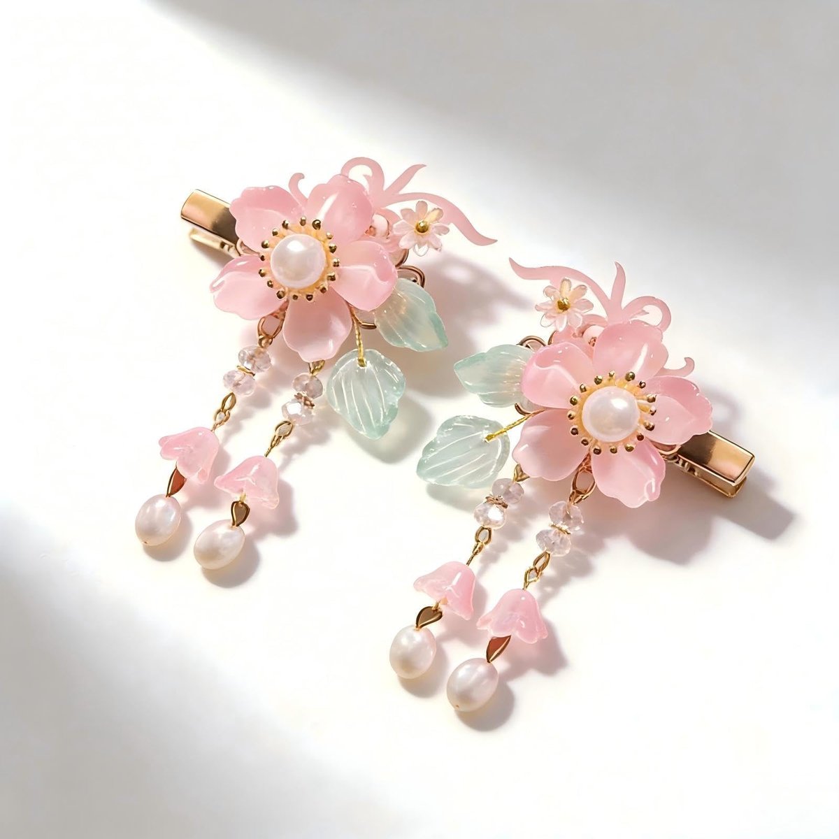 Vintage Pink Flower Hair Clips - 2Pcs Sakura Alligator Clips with Tassel Pearl, Chinese Style Glass Fringe Wedding Hair Accessories for Women Avelisse