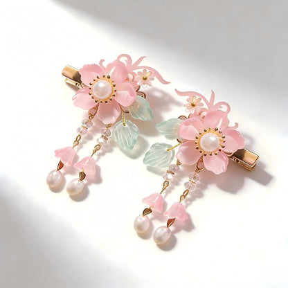 Vintage Pink Flower Hair Clips - 2Pcs Sakura Alligator Clips with Tassel Pearl, Chinese Style Glass Fringe Wedding Hair Accessories for Women Avelisse