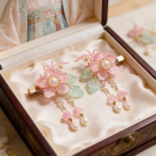 Vintage Pink Flower Hair Clips - 2Pcs Sakura Alligator Clips with Tassel Pearl, Chinese Style Glass Fringe Wedding Hair Accessories for Women Avelisse