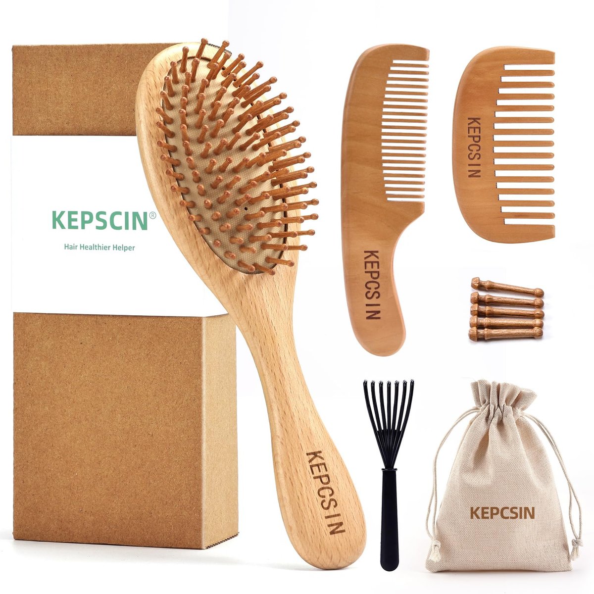 KEPCSIN 3-Piece Wooden Hair Brush Set for Hair Growth - Natural Beech Wood Comb, Scalp Massage, Detangling - Gift for Women and Men Avelisse