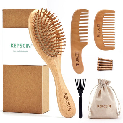 KEPCSIN 3-Piece Wooden Hair Brush Set for Hair Growth - Natural Beech Wood Comb, Scalp Massage, Detangling - Gift for Women and Men Avelisse