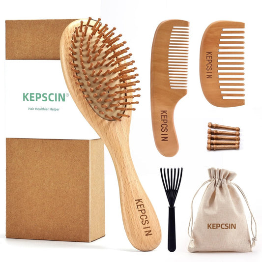 KEPCSIN 3-Piece Wooden Hair Brush Set for Hair Growth - Natural Beech Wood Comb, Scalp Massage, Detangling - Gift for Women and Men Avelisse