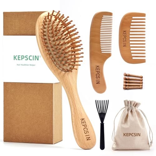 KEPCSIN 3-Piece Wooden Hair Brush Set for Hair Growth - Natural Beech Wood Comb, Scalp Massage, Detangling - Gift for Women and Men Avelisse