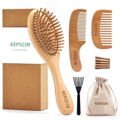 KEPCSIN 3-Piece Wooden Hair Brush Set for Hair Growth - Natural Beech Wood Comb, Scalp Massage, Detangling - Gift for Women and Men Avelisse