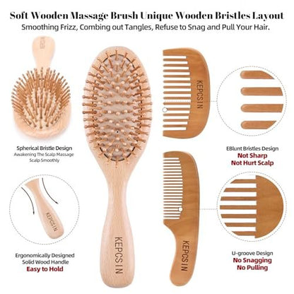 KEPCSIN 3-Piece Wooden Hair Brush Set for Hair Growth - Natural Beech Wood Comb, Scalp Massage, Detangling - Gift for Women and Men Avelisse