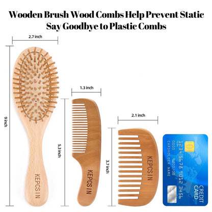 KEPCSIN 3-Piece Wooden Hair Brush Set for Hair Growth - Natural Beech Wood Comb, Scalp Massage, Detangling - Gift for Women and Men Avelisse