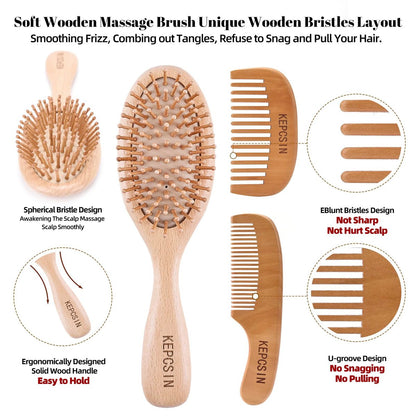 KEPCSIN 3-Piece Wooden Hair Brush Set for Hair Growth - Natural Beech Wood Comb, Scalp Massage, Detangling - Gift for Women and Men Avelisse
