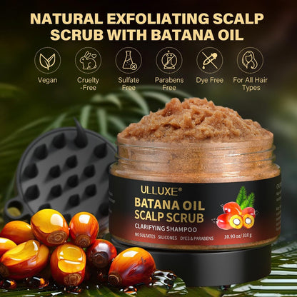 Scalp Scrub with Batana Oil & Rosemary Mint – 2-in-1 Clarifying Shampoo & Exfoliator for Itchy, Oily Scalp, Removes Build Up & Dandruff, Includes Scalp Massager, 10.93 oz Avelisse
