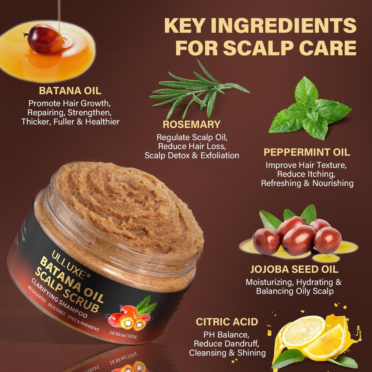Scalp Scrub with Batana Oil & Rosemary Mint – 2-in-1 Clarifying Shampoo & Exfoliator for Itchy, Oily Scalp, Removes Build Up & Dandruff, Includes Scalp Massager, 10.93 oz Avelisse