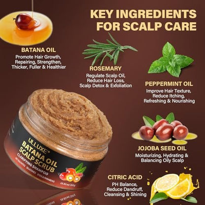 Scalp Scrub with Batana Oil & Rosemary Mint – 2-in-1 Clarifying Shampoo & Exfoliator for Itchy, Oily Scalp, Removes Build Up & Dandruff, Includes Scalp Massager, 10.93 oz Avelisse